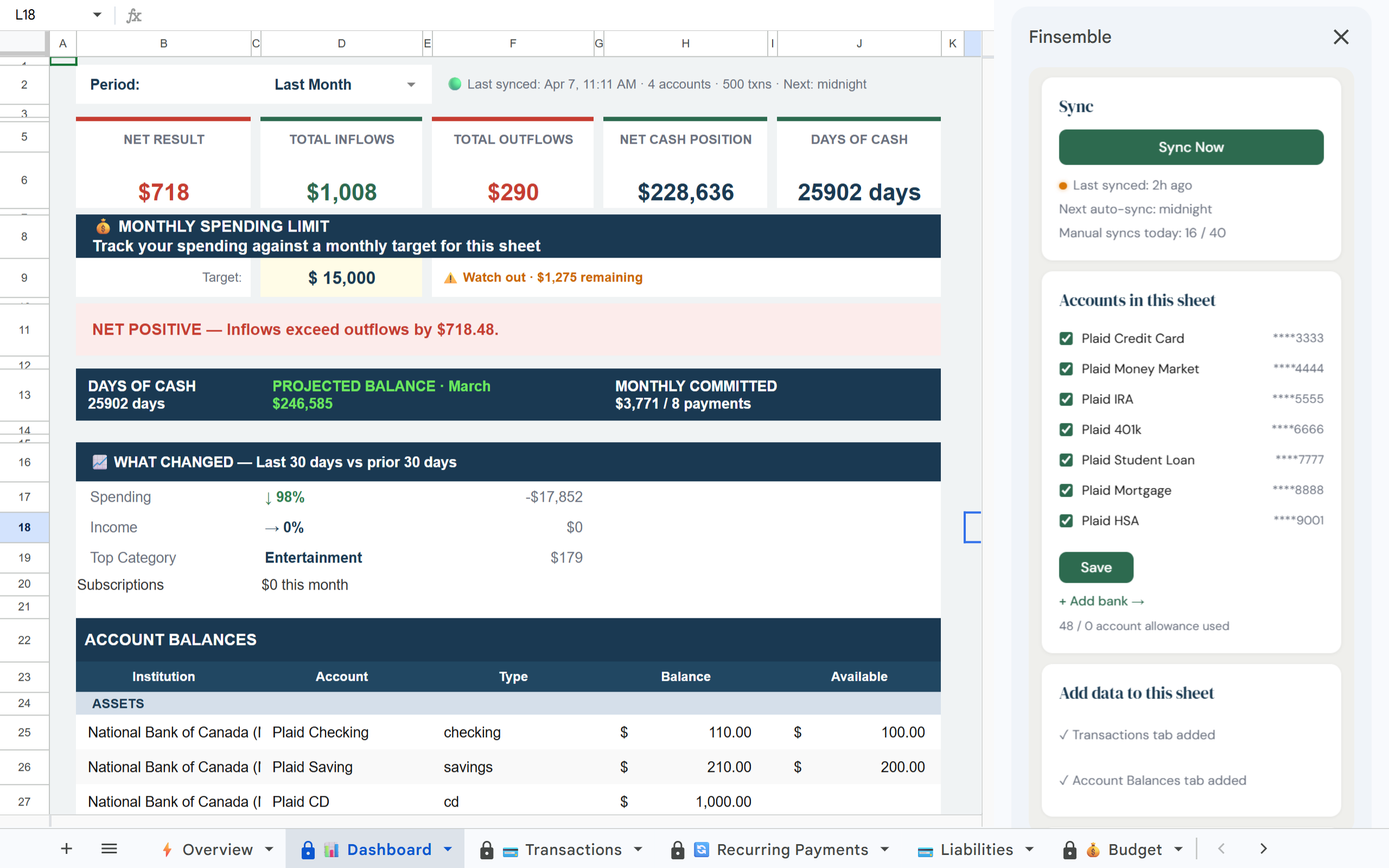 Finsemble Dashboard — live financial data in Google Sheets