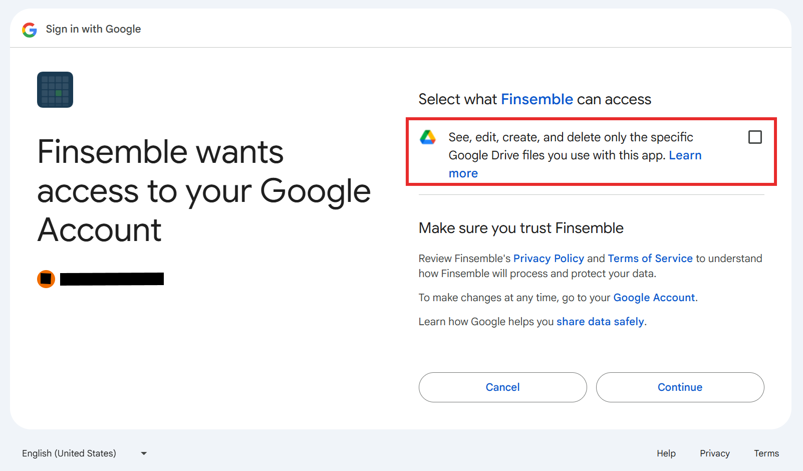 Google consent screen showing the Drive permission checkbox highlighted with a red box
