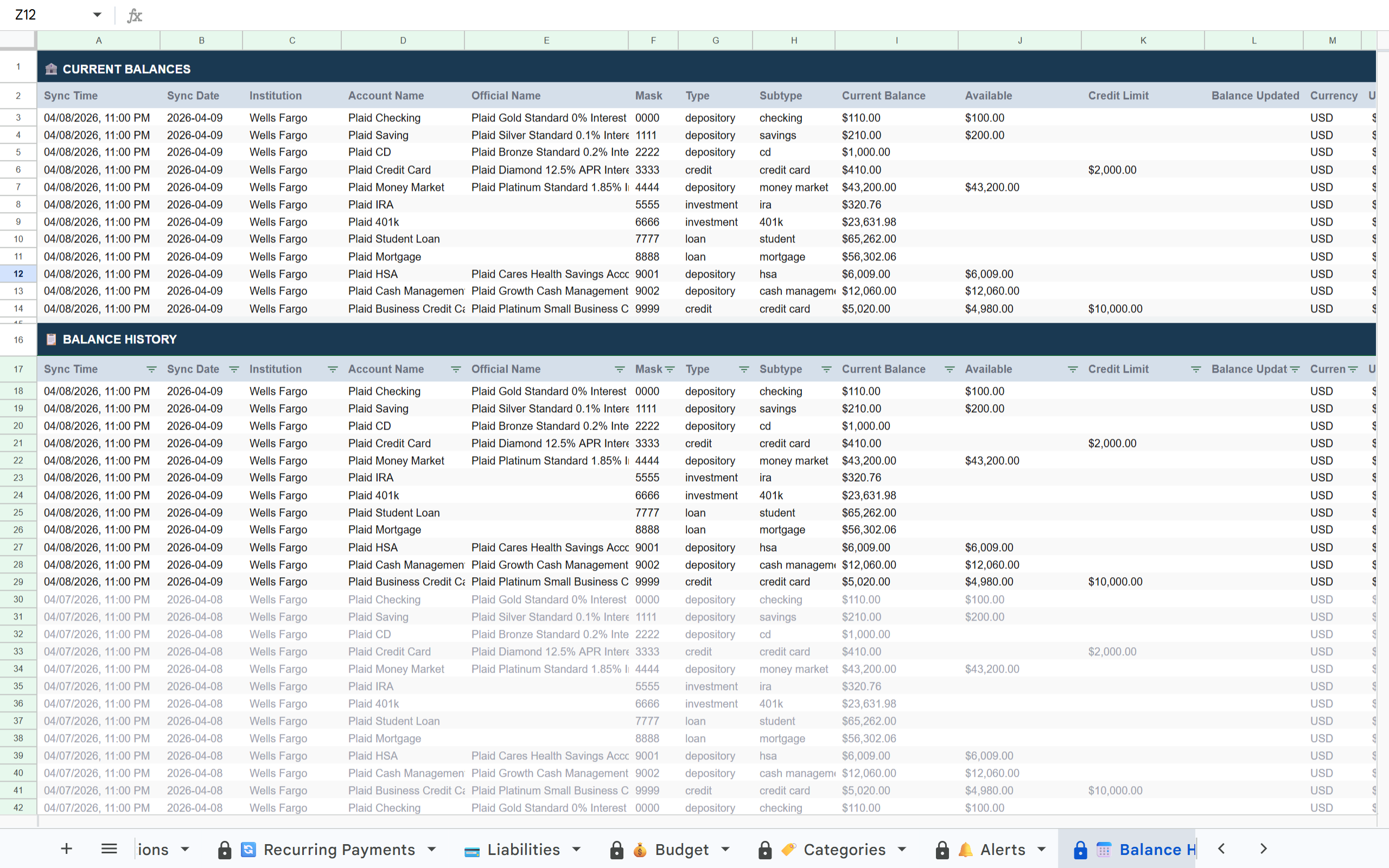 Finsemble Balance History showing investment account value trends over time
