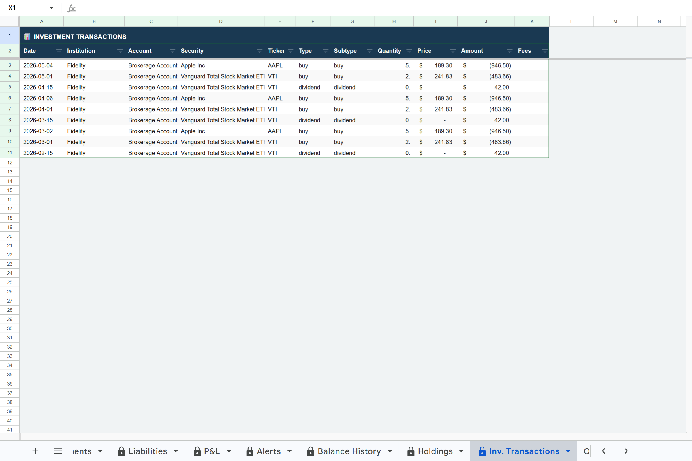 Finsemble Inv. Transactions tab showing buys, sells, and dividends across investment accounts