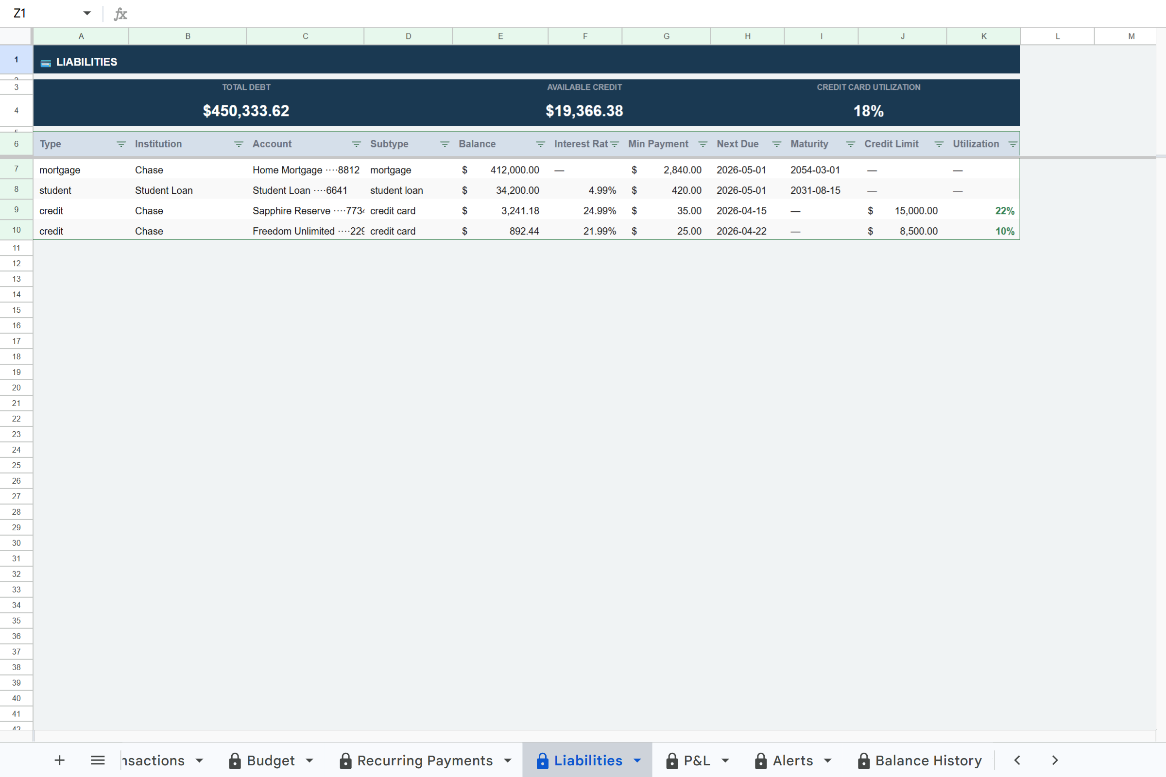 Finsemble Liabilities tab in Google Sheets
