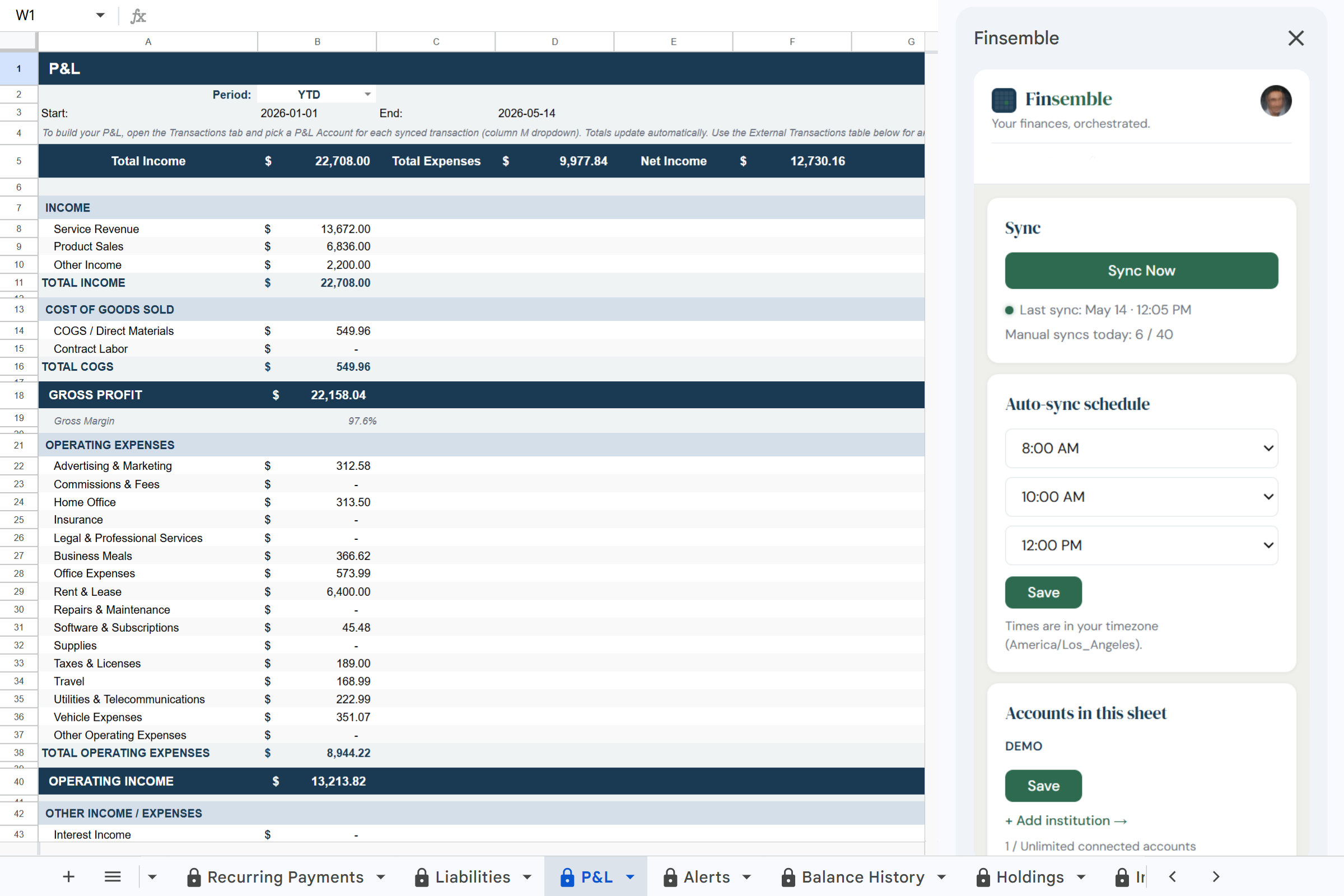 Finsemble P&L tab showing Stripe revenue against business expenses