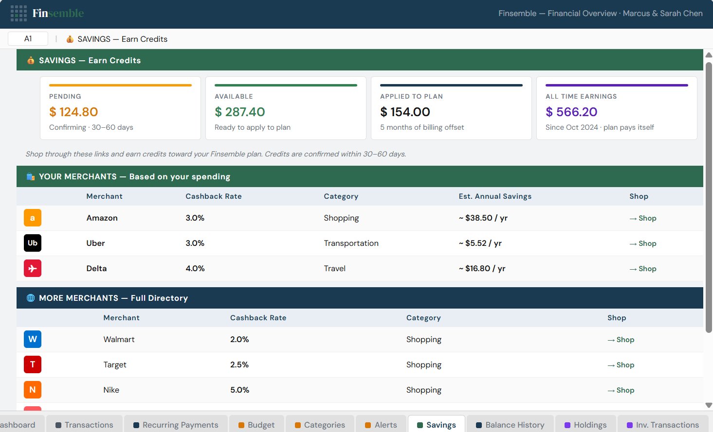 Finsemble Savings tab in Google Sheets