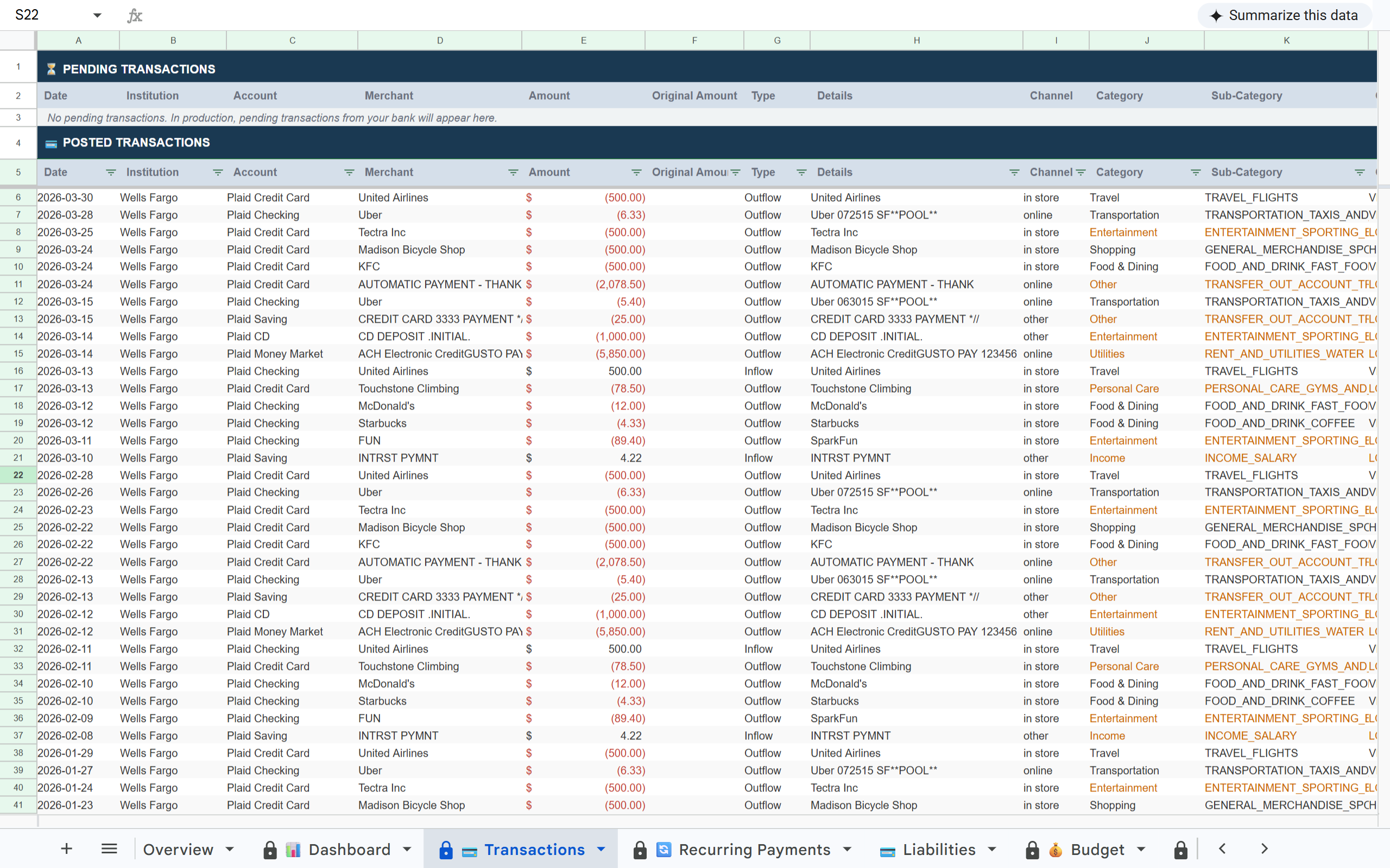 Finsemble Transactions tab in Google Sheets
