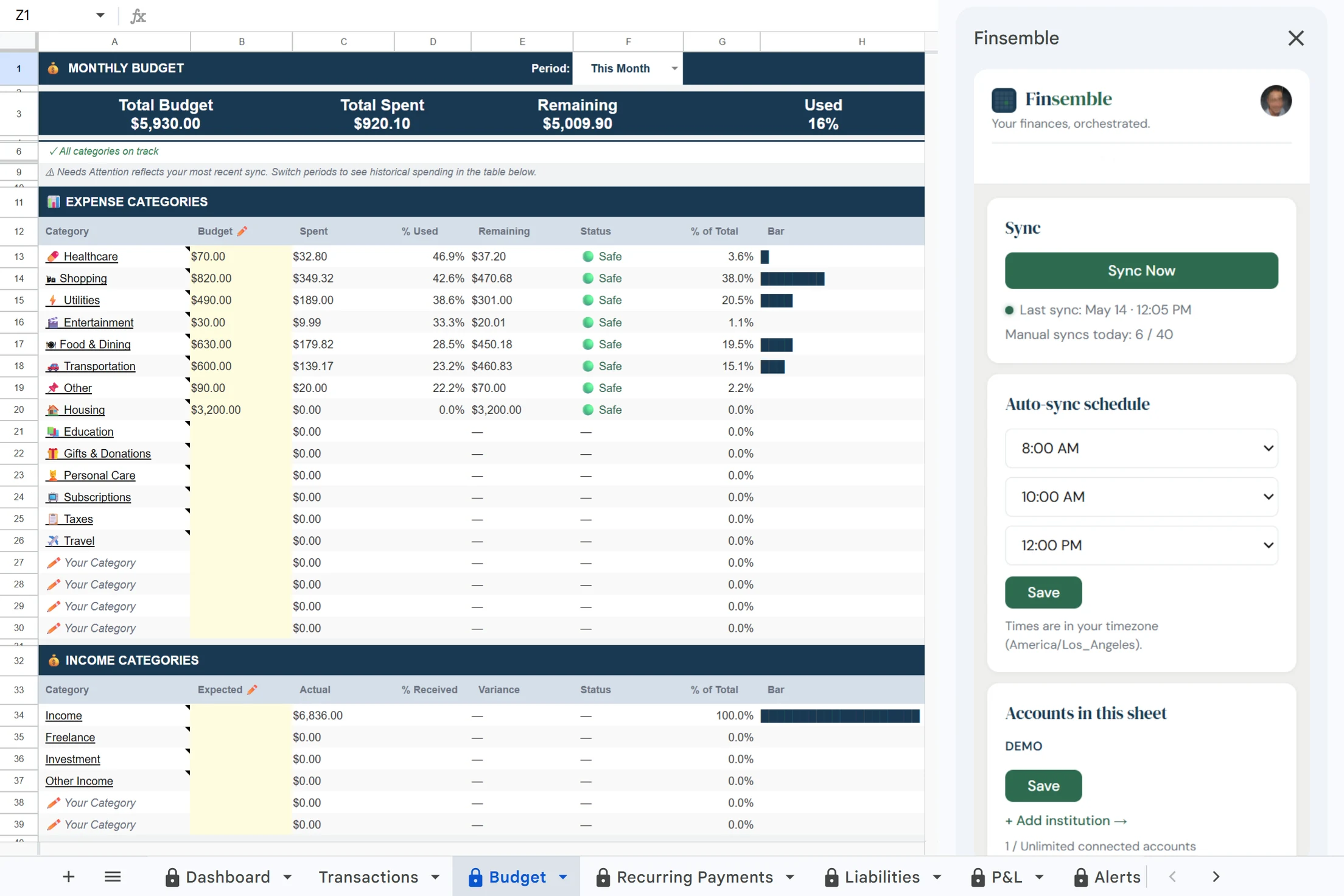 The Budget tab. Monthly targets against what you actually spent, broken down by category.