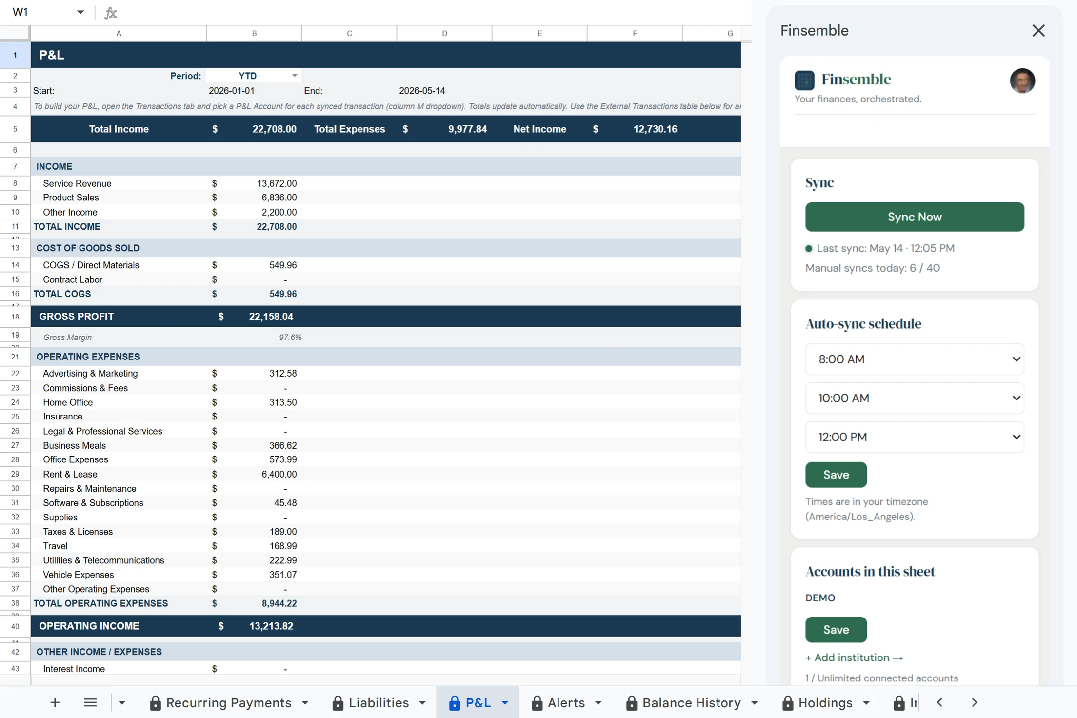 The P and L tab. Income and expenses mapped to Schedule C accounts, for any month, quarter or year.