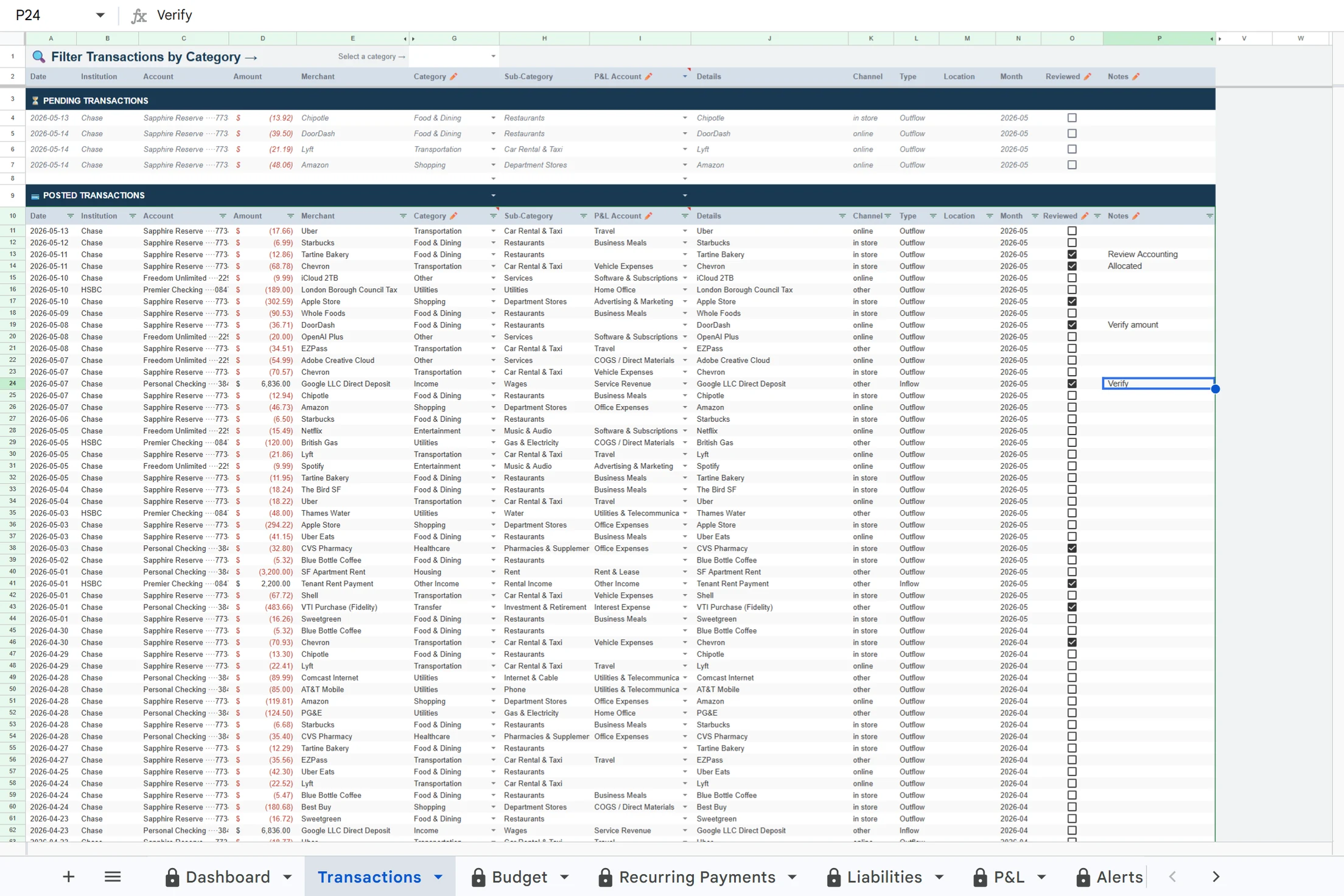 The Transactions tab. Every transaction, with a readable category you can change and your own notes.